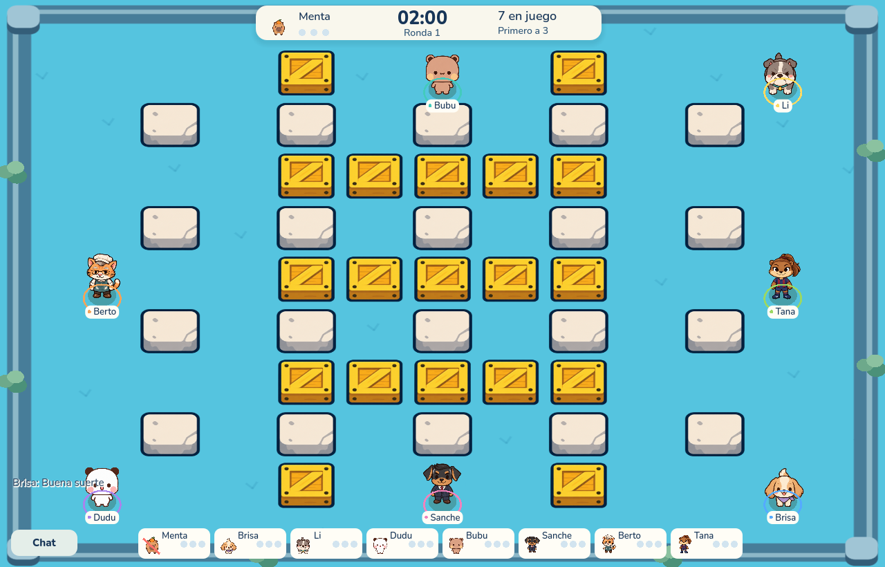Arena de Gridfire con personajes, cajas destructibles y obstáculos